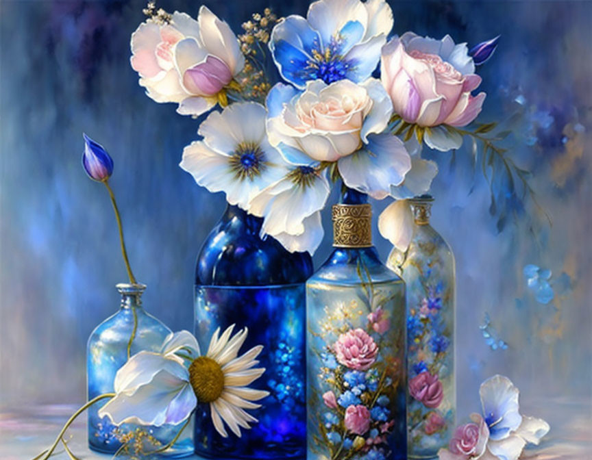 Colorful Still Life Painting with Flowers in Blue and Golden Vases