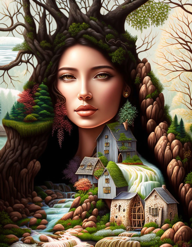 Woman's face merges with scenic landscape: trees, houses, waterfall fusion