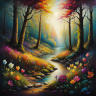 Enchanted forest painting with blooming flowers, stream, lanterns, and mystical glow