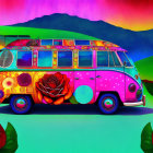 Colorful Psychedelic Volkswagen Bus Artwork with Multicolored Hills & Sky