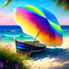 Vibrant beach umbrella shades blue boat on sandy shore with lush greenery, pink flowers, serene