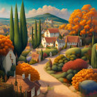 Whimsical landscape with colorful houses, oversized mushrooms, and rolling hills