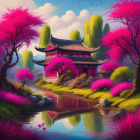 Colorful Whimsical Painting of Fantastical Houses and Trees Reflecting in Water