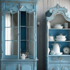 Blue Vintage Cabinet with Glass Doors and Porcelain Tea Set