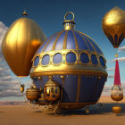 Steampunk airship with balloons and surreal landscape.