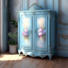 Vintage Blue Cabinet with Pink and Purple Flowers in Elegant Room