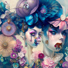 Stylized female figures with steampunk headgear and blue hair on muted backdrop