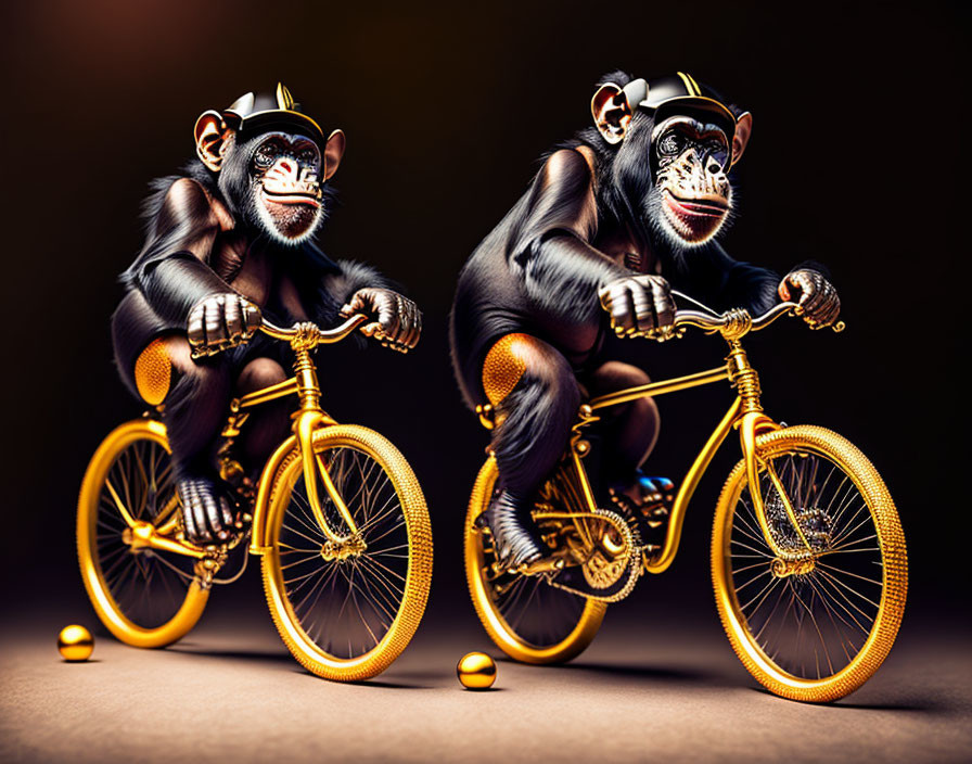 Chimpanzees on painted bicycles race on dark background