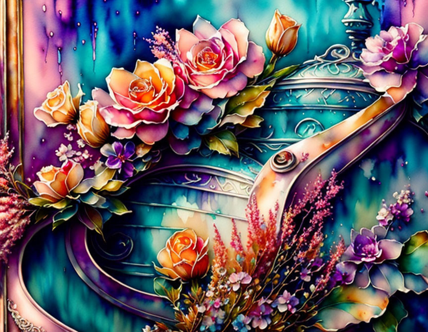 Colorful Violin Artwork with Roses and Patterns on Teal Purple Background