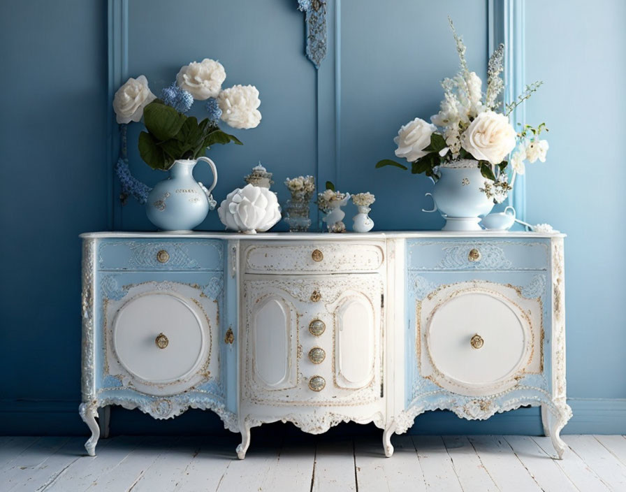 Elegant Vintage White and Gold Sideboard with Blue Wall Decor and White Flowers