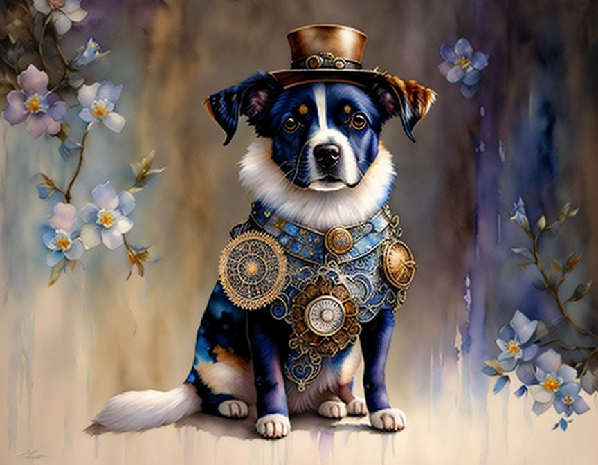 Steampunk-themed dog with top hat and mechanical collar on floral backdrop