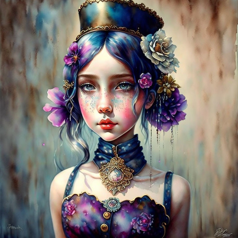 Illustrated portrait of girl with blue hair, purple flowers, vintage hat, gemstone necklace, floral