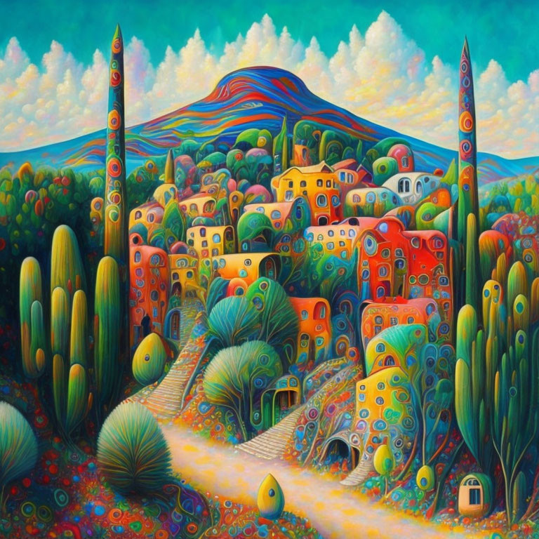 Colorful Painting of Whimsical Village and Lush Greenery