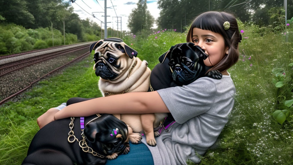 Girl with Three Pugs Sitting by Train Tracks and Greenery