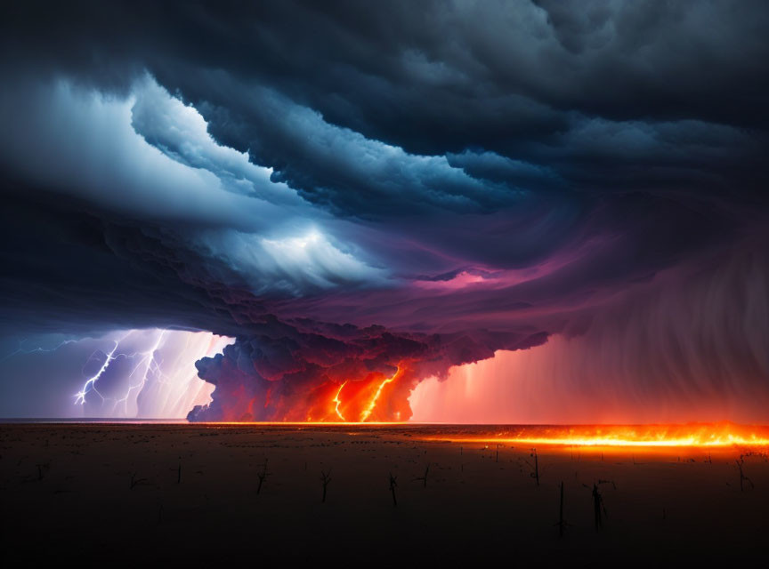 Dramatic storm with shelf cloud, lightning bolts, and wildfire under dark sky