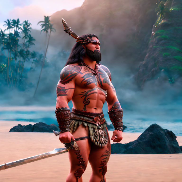 Muscular character with Polynesian tattoos on beach with spear and tropical backdrop.