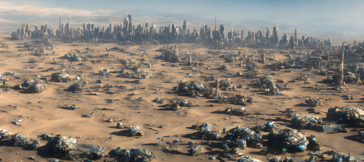 Futuristic desert landscape with scattered settlements and distant metropolis