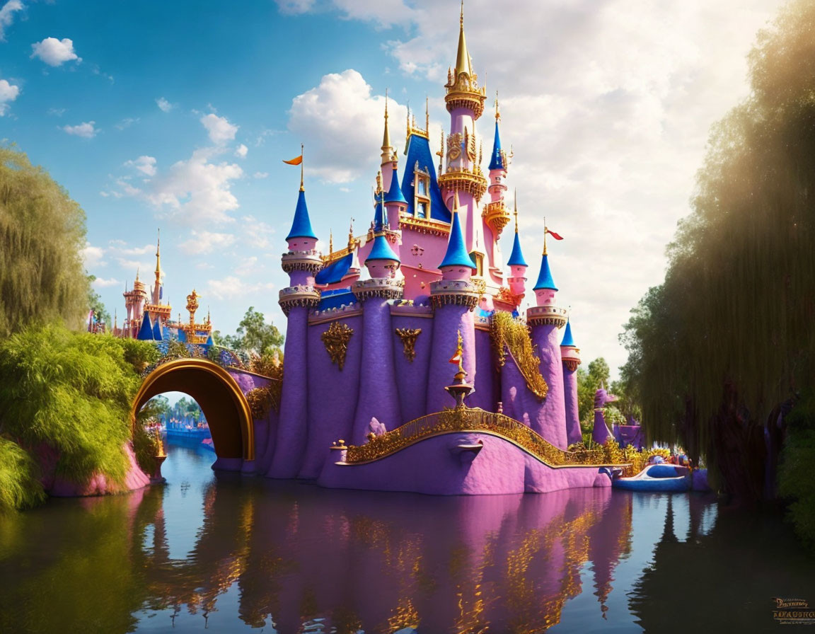 Fantasy castle with golden accents, spires, bridge, and lush surroundings