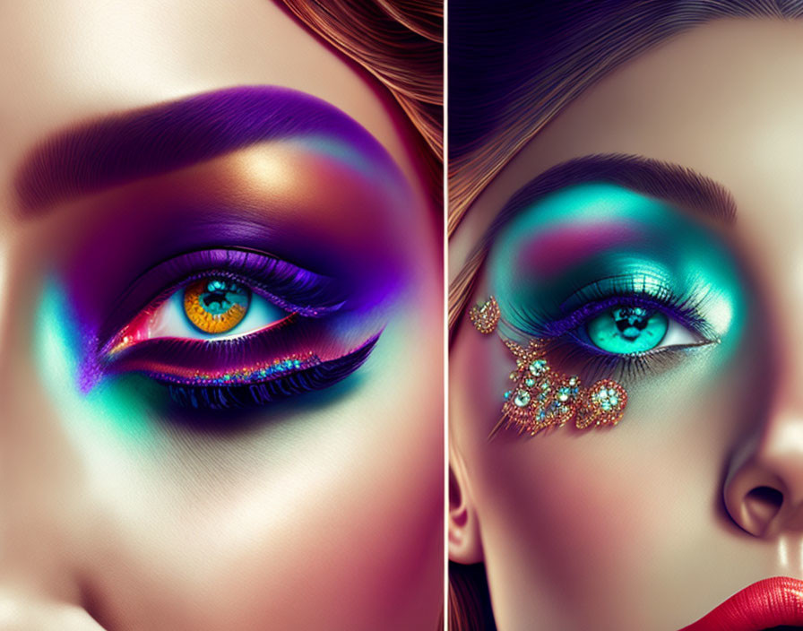 Close-up Woman's Eyes with Vibrant Multicolored Makeup