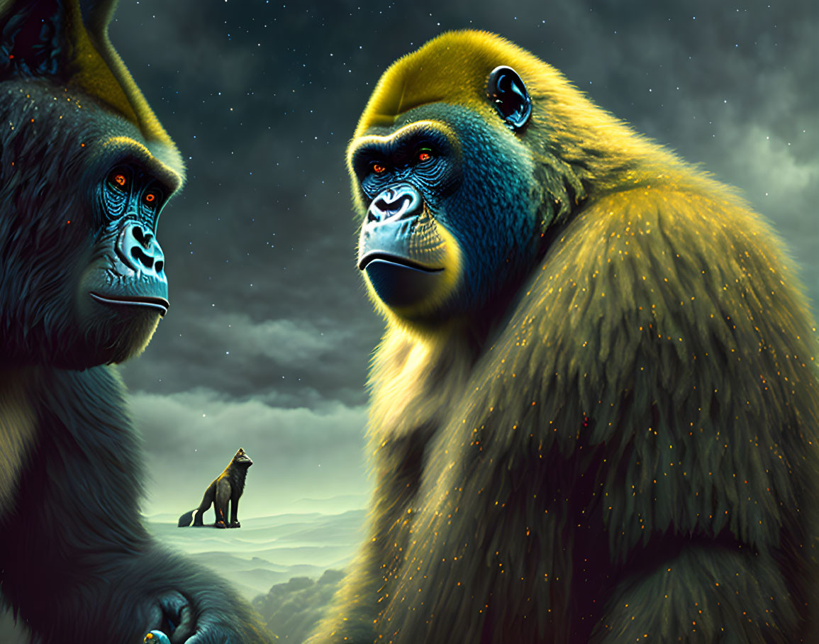 Mythical gorillas with shimmering fur under night sky