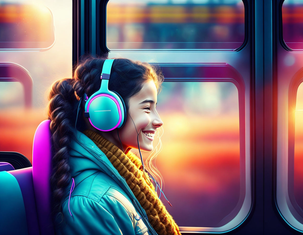 Woman with headphones admiring sunset from bus window