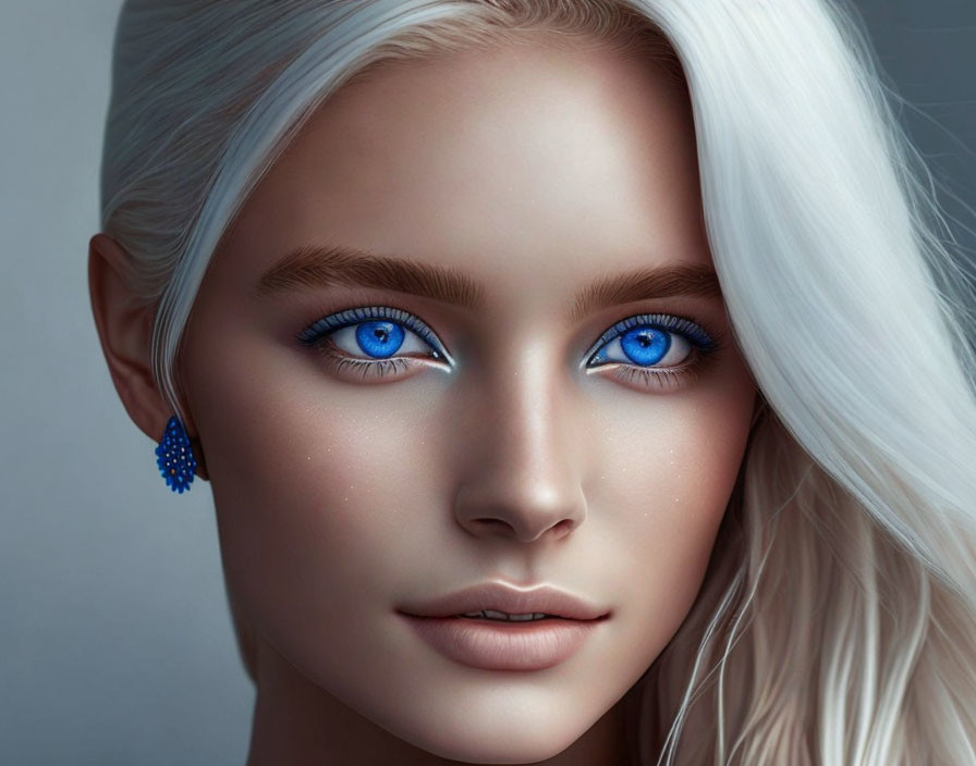 Close-up portrait of person with blue eyes, pale skin, long white hair, and blue earring