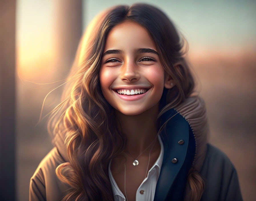 Smiling young girl with wavy hair in golden sunlight wearing coat and white shirt