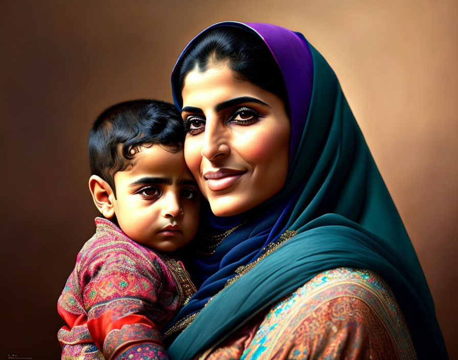 Mother and child in colorful attire embrace with warmth and affection