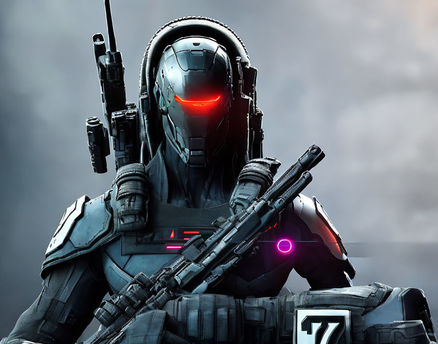 Futuristic soldier in armored suit with red visor and advanced rifle