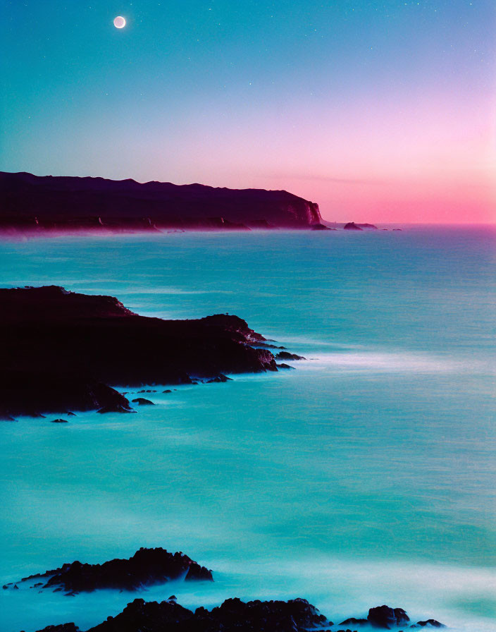 Tranquil Coastal Landscape at Dusk with Crescent Moon