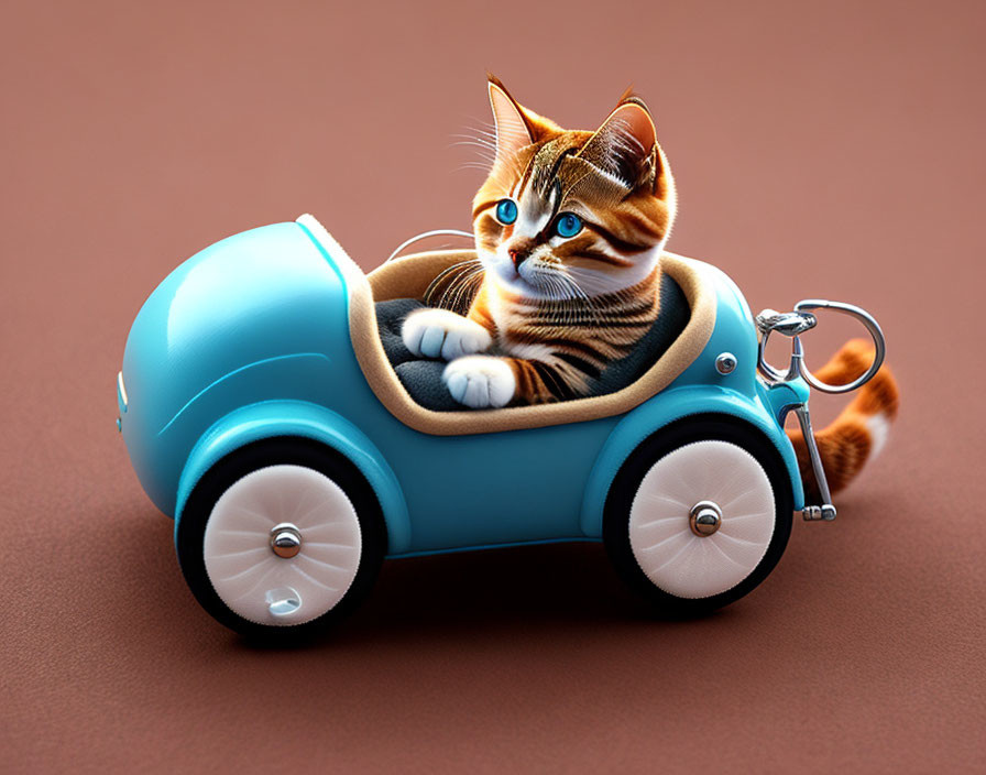 Orange and White Striped Cat in Miniature Blue Toy Car on Brown Surface