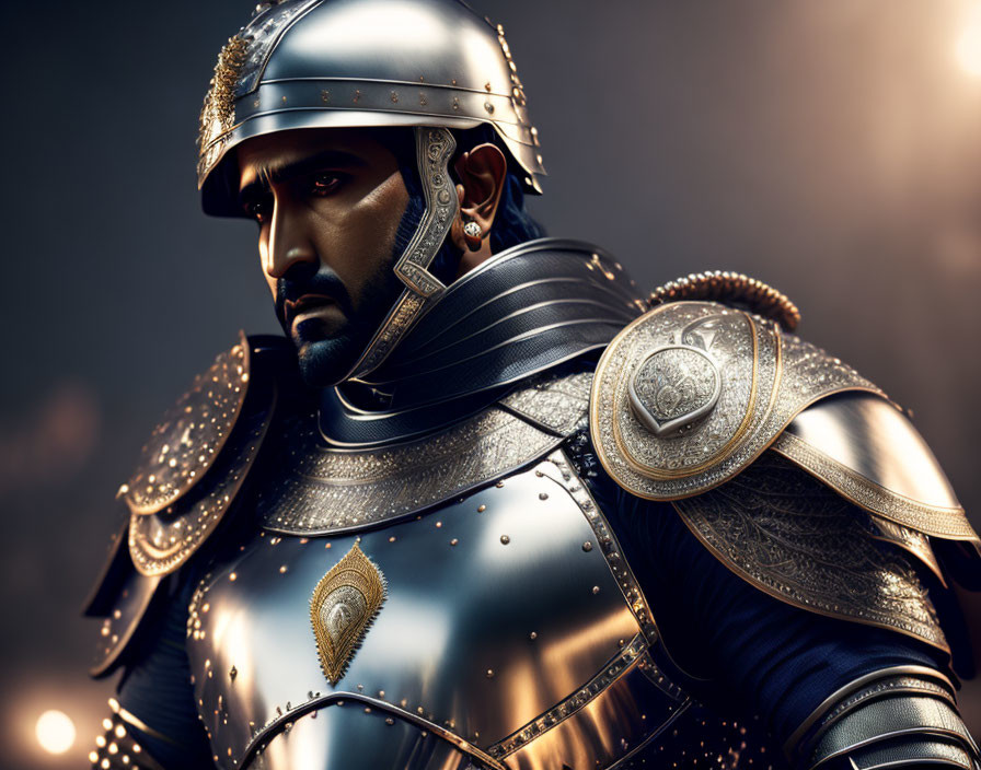 Medieval knight in ornate armor and plumed helmet under dramatic lighting