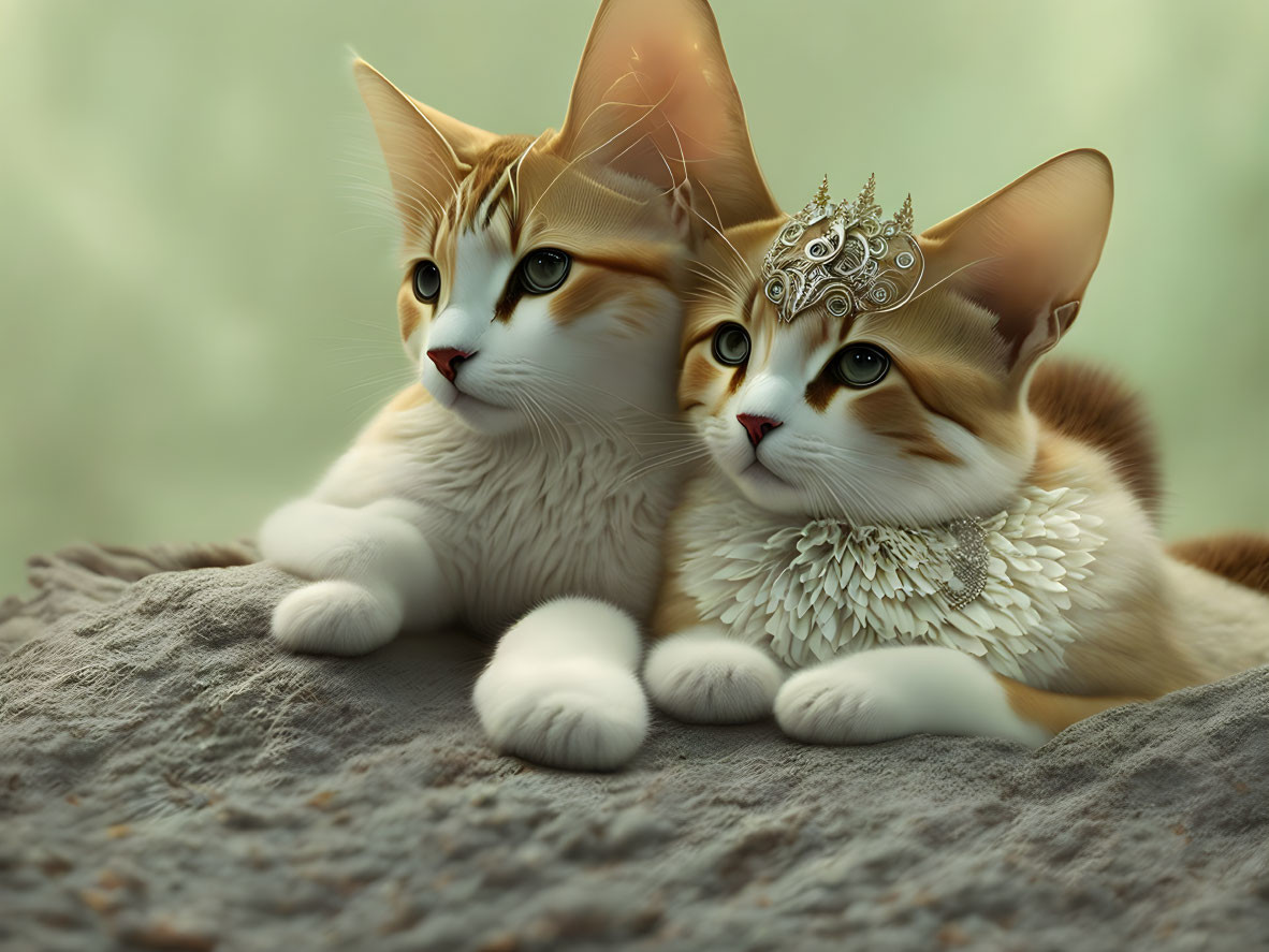 Two Orange and White Cats with Expressive Eyes and Crown on Rock