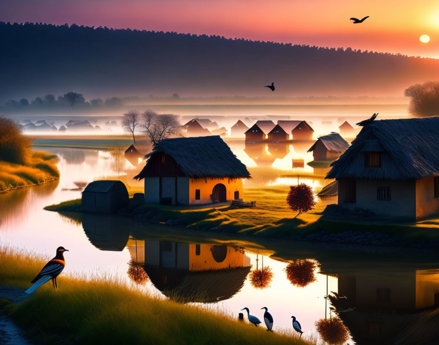 Scenic sunrise village with reflections, small houses, birds, and colorful bird.