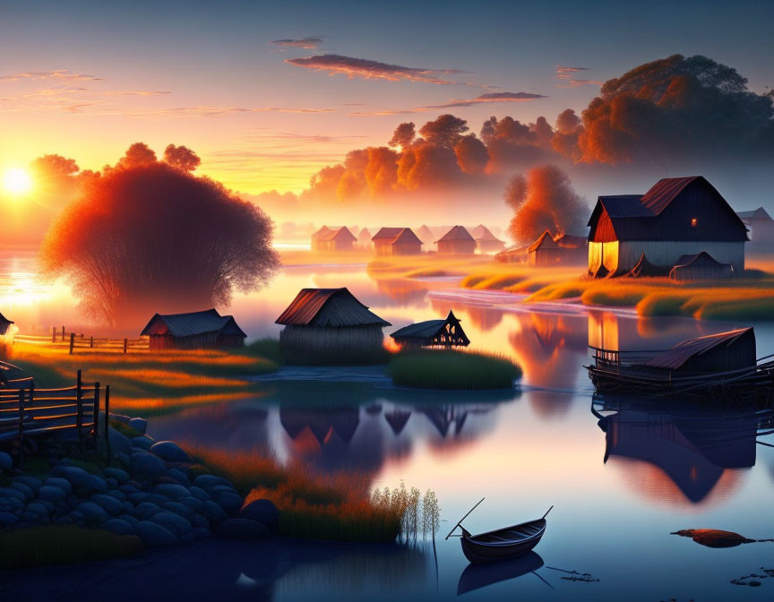 Tranquil sunset river scene with traditional houses, boat, and vivid reflection