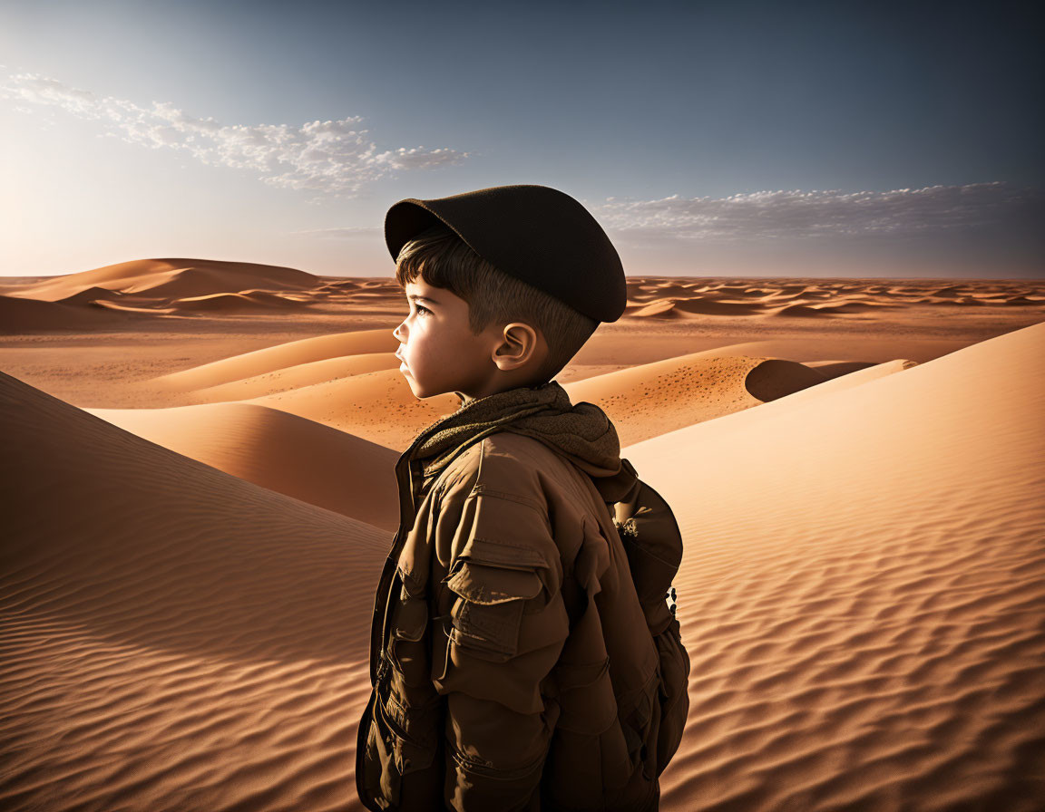 Young boy with cap and backpack gazing at sand dunes under clear sky