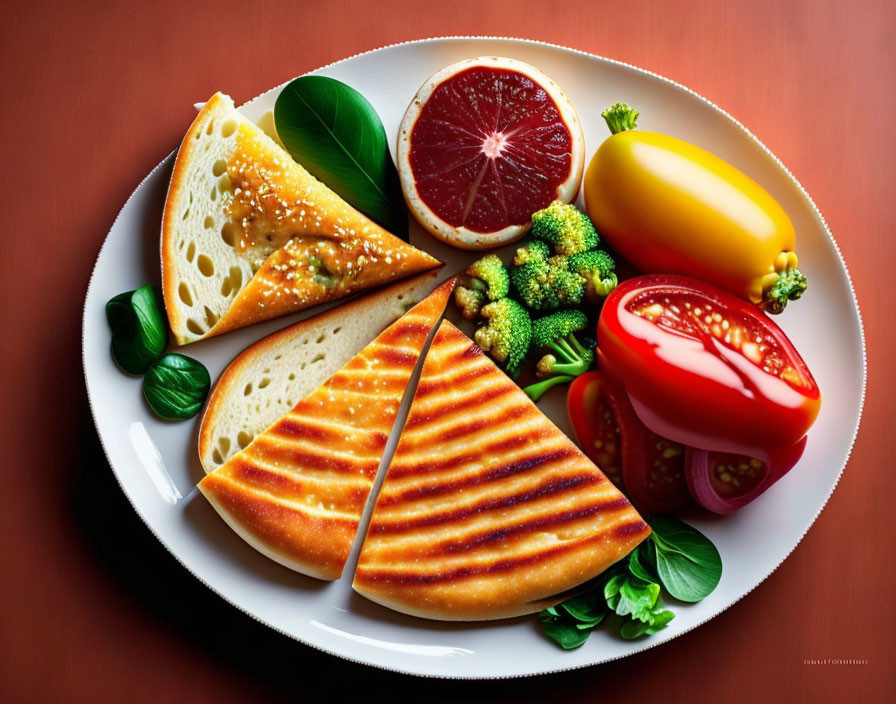 Colorful Plate with Grilled Sandwich, Broccoli, Bell Peppers, Basil, Blood Orange Slice