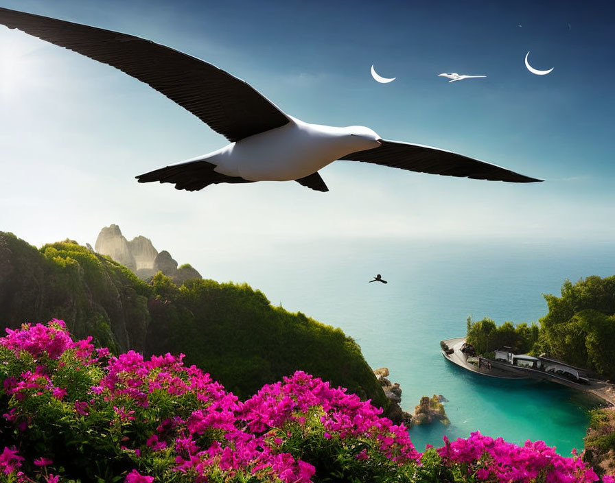 Coastal scene with seagull, pink flowers, boat, moons, and sky