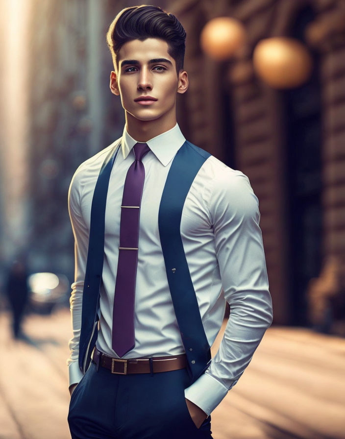 Stylish man in city street wearing white shirt, tie, suspenders, and trousers