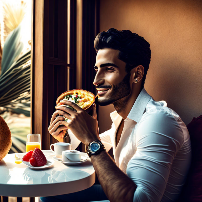 Man in white shirt smiling with breakfast by window and juice, coffee, fruit on table