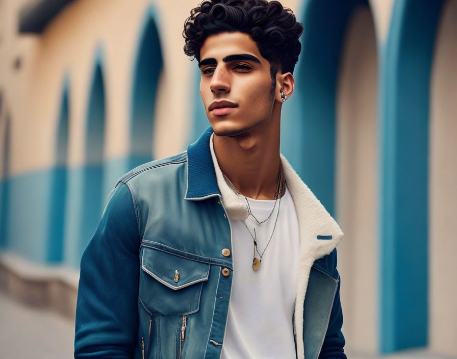 Curly-Haired Man in Blue & White Jacket Poses Outdoors