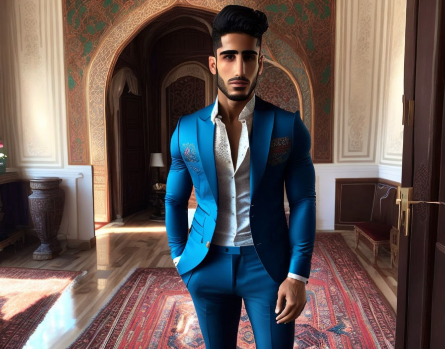 Man with Styled Beard in Luxurious Room Wearing Blue Suit