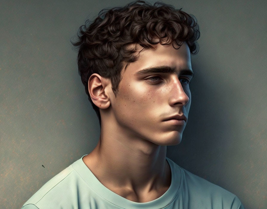 Young man with curly hair in pensive expression on muted background