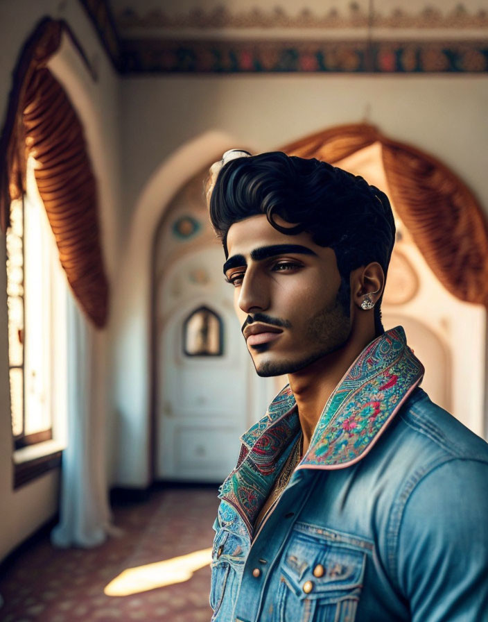 Digital portrait of a man with sculpted hairstyle and beard in ornate room with denim jacket.