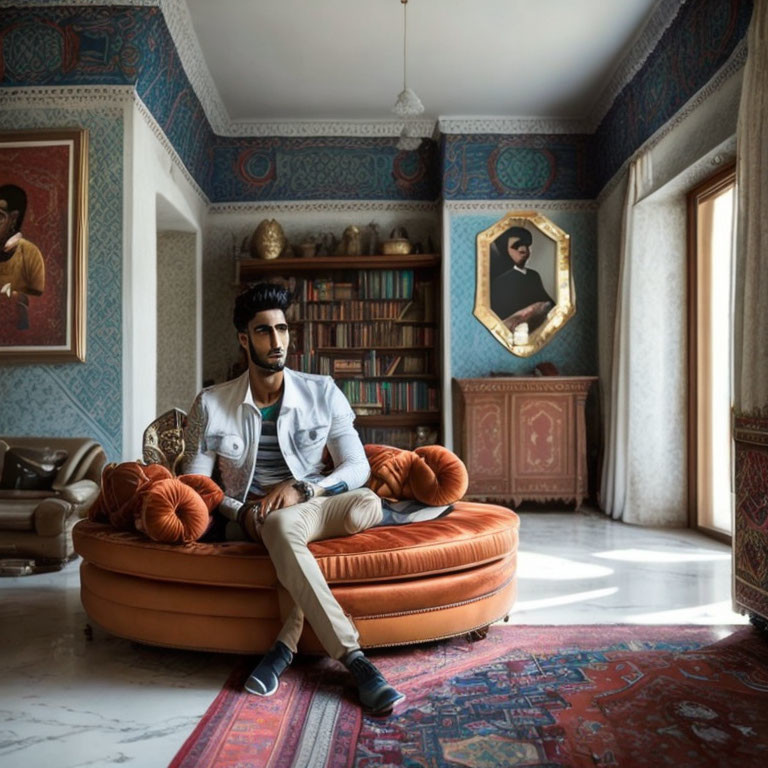 Man sitting on orange sofa in ornate room with blue wallpaper, paintings, and Persian rug.