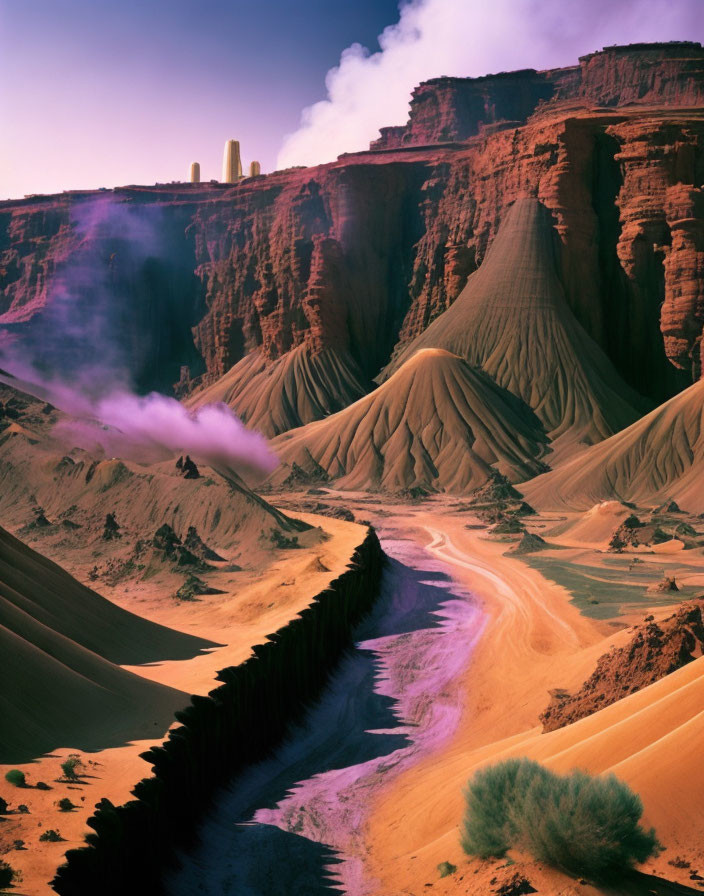 Eroded Sandstone Formations with Purple River and Smoke Plumes