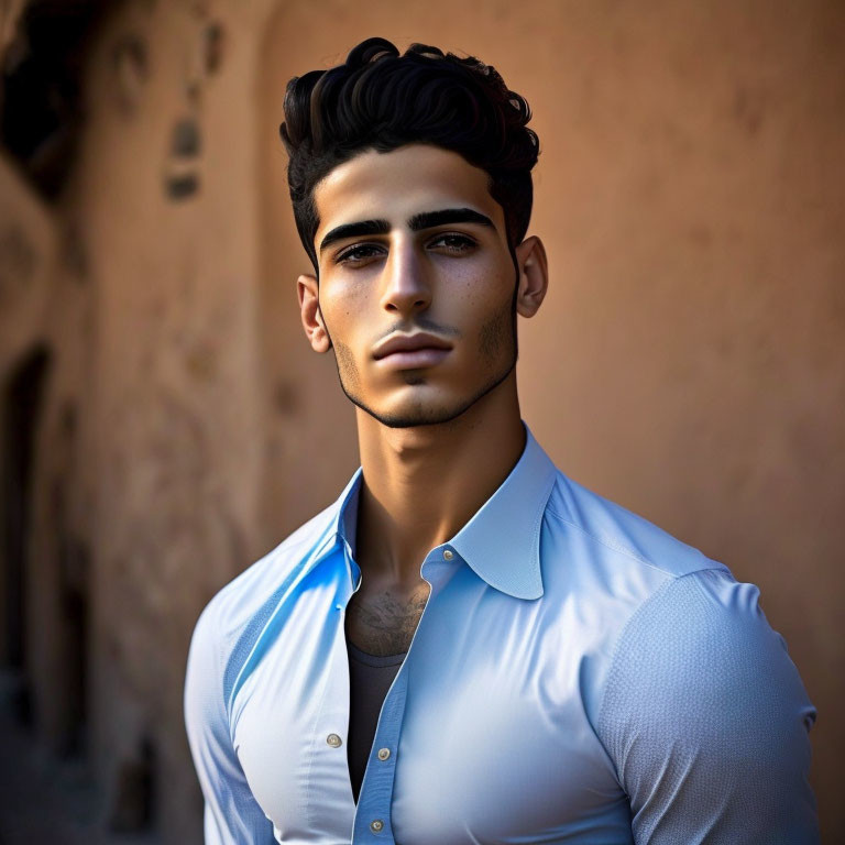 Dark-haired young man in blue shirt with styled eyebrows against soft-focus background in sunlight.