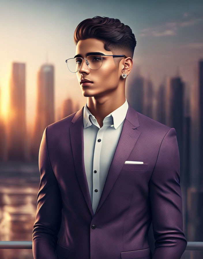 Stylized illustration of a man in purple suit at sunset