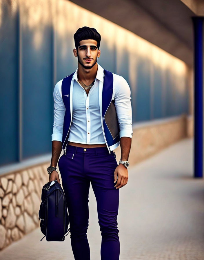 Fashionable man in white shirt, blue vest, and trousers against textured wall.