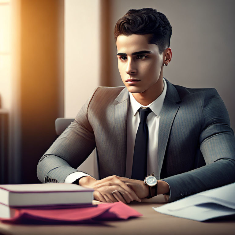 Young man in grey suit and black tie at desk with books, looking pensive